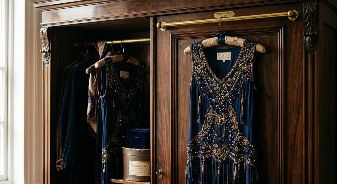 Vintage Dress hanging in a dark wood wardrobe